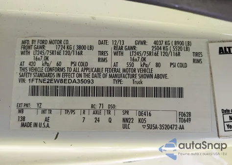 2014 Ford E-250 Commercial z USA, uszkodzony, nr VIN 1FTNE2EW8EDA35093